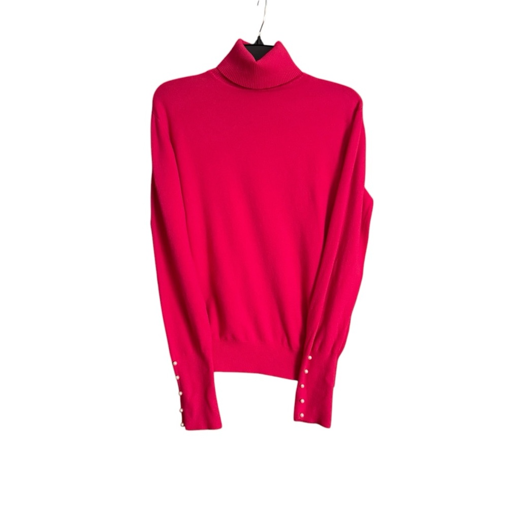 Pink cowl/ turtleneck sweater with pearl detailing, size large‎